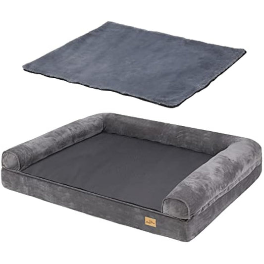 BingoPaw Large Dog Sofa Bed: Memory Foam Orthopedic Pet Mattress Cushion - Waterproof Bolster Dog Couch with Pillow and Washable Cover Grey XL (100x75cm)