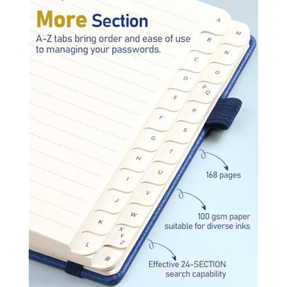 WEMATE Spiral Password Book with Alphabetical Tabs, Small Password Keeper Book for Seniors, Internet Password Notebook Hardcover Password Journal logbook – 12 x 15cm (Navy Blue)