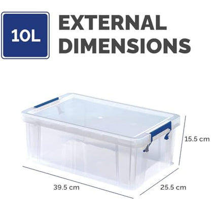 BANKERS BOX 4x 10L Plastic Storage Boxes with Lids. ProStore Super Strong Stackable Plastic Storage Boxes (14 x 34 x 21.5cm), Made in the UK, Clear