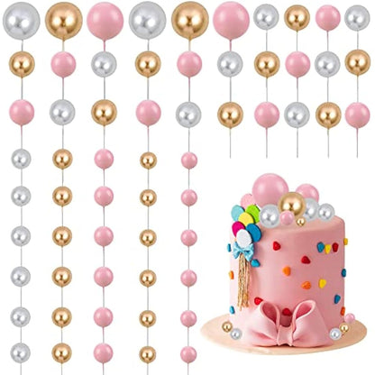 Gyufise 30Pcs Balls Cake Topper Foam Ball Cake Picks Mini Balloon DIY Cake Insert Topper Decoration for Baby Shower Wedding Anniversary Kids Birthday Party Cake Decorations Gold Silver Pink