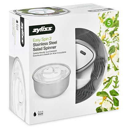 Zyliss Easy Spin 2 Salad Spinner, Large 6L Capacity, Stainless Steel, Serving Bowl, Retractable Cord and Brake System/Non-Slip Base/Easy Cleaning,