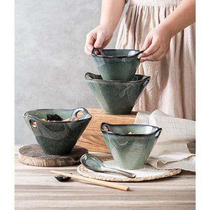 Henten Home Soup Bowls, Large Vintage Noodles Bowl 600ml, Ceramic Ramen Bowls with Spoon and Chopsticks, Japanese Bowl Set of 2 for Udon Soba Pho Asian Noodles - Green