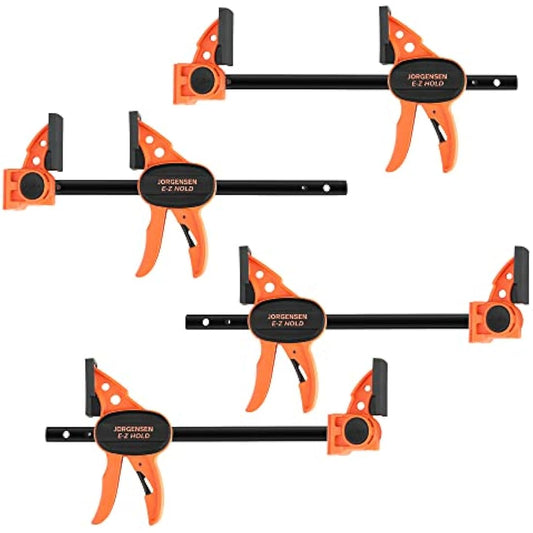JORGENSEN 150 mm Woodworking Clamps 4-Pack, Splicable to 400 mm Ratchet Bar Clamps, Quick Release Clamp Set, 290 mm Spreader, One Handed Wood Clamp, Max 68 kg Load Limit
