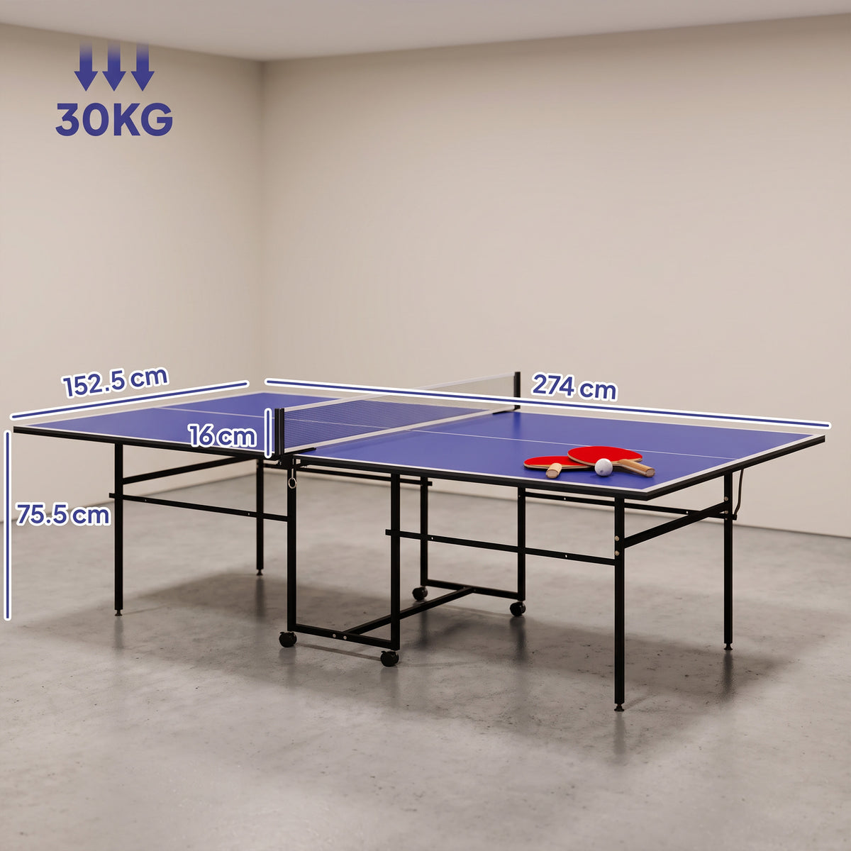SPORTNOW 9FT Folding Table Tennis Table with Four Wheels, for Indoor Use, Blue