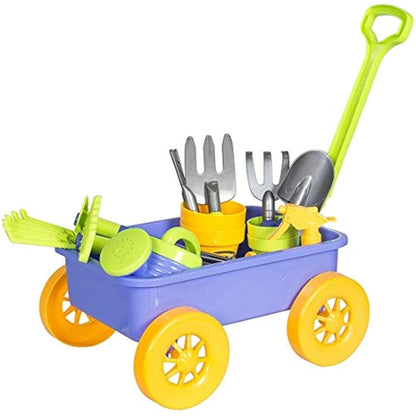 deAO Pull along Kids Wagon Wheelbarrow and Gardening Tools Play Set Includes 10 Accessories and 4 Plant Pots