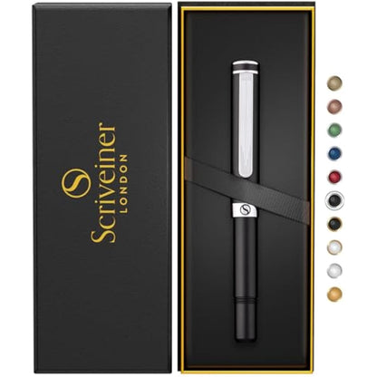 Scriveiner Black Rollerball EDC Luxury Pen, Stunning Pocket Pen with Chrome Finish, Best Writing Gift Set for Men & Women, Incliudes German Schmidt Refill, Great Present Idea for Office or Graduation