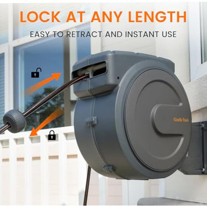 Giraffe Tools Retractable Hose Reel Wall Mounted, 35+2m Garden Hose Reel, 180° Pivotal with 7 in 1 Spray Nozzle, Grey