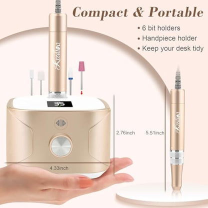 Kredioo Nail Drill 35,000RPM, Electric Nail File for Acrylic and Gel Nails, Professional Nail Drill Machine, Manicure Pedicure Kit with 11 Bits, LCD Display, Touch Button (Gold)