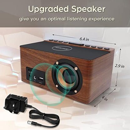 ANJANK Bedside Wooden FM Radio Alarm Clock,10W Super Fast Wireless Charger Station for Iphone/Samsung Galaxy,USB Charging Port, 5 Level Digital Dimmable Led Display,Mains Powered with Backup Battery
