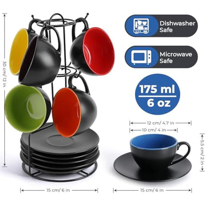 MIAMIO - Set of 6, Ceramic Stackable Cappuccino Cups Set / 175 ml Cappuccino Mugs and Saucer with Metal Stand for Coffee Drinks, Cappuccino, Latte, Americano and Tea - Le Papillon Collection (Mixed)