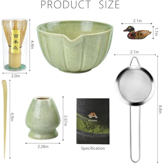 Artcome 6-Piece Japanese Tea Set, Matcha Bowl with Spout, Whisk, Scoop, Holder - Handmade Ceremony Kit