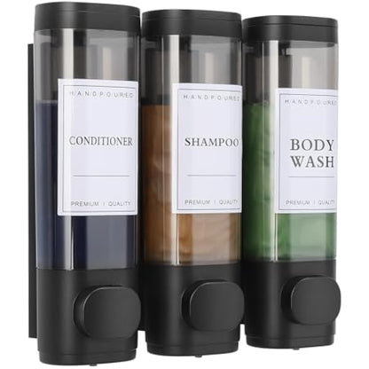 Shampoo and Conditioner Dispenser,Shower Dispenser 3 Chamber No Drill Shampoo Dispenser for Shower Wall Mounted Shower Soap Dispenser Body Wash for Bathroom Hotel Kitchen,3 * 300ML,Black