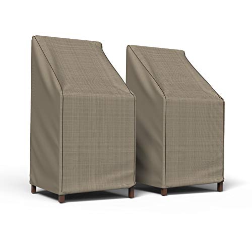 Budge P1A01PM1-2PK English Garden Patio Stack of Chairs Barstool Cover (2 Pack) Heavy Duty and Waterproof, Chairs Chair (2-Pack), Tan Tweed