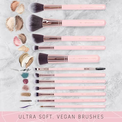 Niré Beauty Pink Makeup Brushes - 15-piece Award Winning Pink Makeup Brush Set with Case, Blending Sponge, Brush Cleaner, Guide, Gift Box