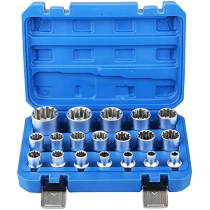 DAYUAN Spline Socket Set 1/2" Drive Universal Metric 8-32mm 12-Point Cr-V Socket Kit 19pcs
