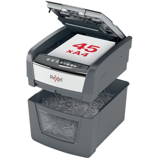 Rexel Optimum Auto Feed 45 Sheet Automatic Cross Cut Paper Shredder, P-4 Security, Home/Home Office, 20 Litre Removable Bin, 2020045X, Black