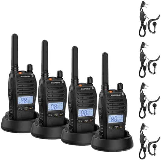 BAOFENG BF-88ST Pro Walkie Talkie, Upgraded Long Range Rechargeable License-Free PMR446 Two Way Radios with LCD Display, VOX Dual Watch, Desktop Charger and Earpieces, 4 Pack