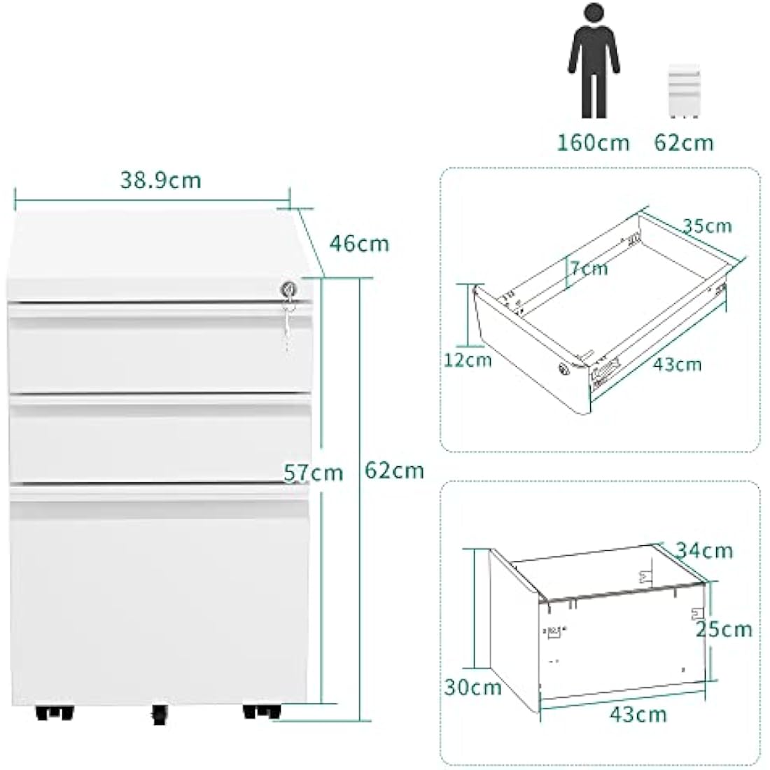 YITAHOME 3-Drawers Lockable File Cabinet for Letter/legal/A4 Size, Home Office Mobile Filing Cabinet with Wheel, Anti-tipping Under Desk File Storage Cabinets, Fully Assembled, White, 46 x 39 x 62cm