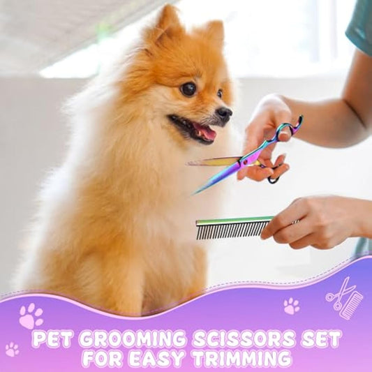 Moontay Dog Grooming Scissors Set Professional, 7 Inch Pet Grooming Scissors, 8 in 1 Straight, Curved, Thinning, Fishbone Scissors with Comb, Tension Adjuster, Cleaning Cloth and Storage Case, Colorfu