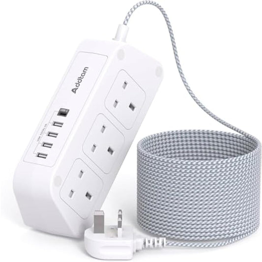 Addtam 3M Extension Cable, Extension Lead with 6 Way Outlets 5 USB(5A, 1 USB C and 4 USB A Ports), 3250W Overload Protection, 3M Braided Extension cord, Surge Protection Plug Extension Socket