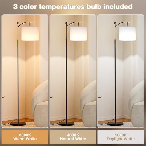 Aooshine Floor Lamps for Living Room, 60" Standing Lamp with 3 Color Temperatures, White Lampshade & Foot Switch, White Standard Corner Lamp for Bedroom Office Dorm Room(9W Bulb Included)