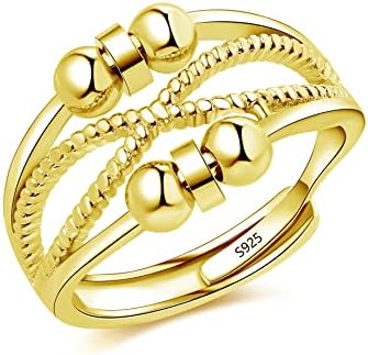 Cangall 925 Sterling Silver Anxiety Ring - Adjustable Open Fidget Ring With Beads Spinner for Stress and Depression Relief - Unisex Anti-Anxiety Ring