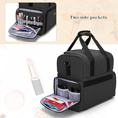 BAFASO 2 Layers Travel Makeup Bag with 3 Inner Removable Pouches, Cosmetic Bag with Detachable Dividers (Patented), Black