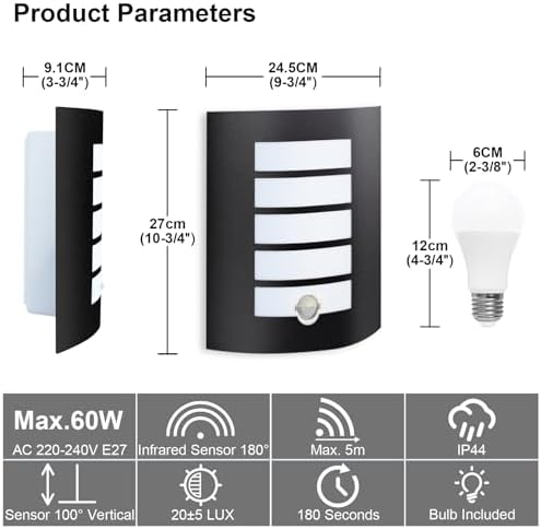 Allesgute Outdoor Wall Lights with PIR Motion Sensor, Curved Outside Lights Mains Powered Black IP44 Waterproof Wall Lamp Incl.E27 LED Bulbs 12W Warm White for Front Door Porch Stairway