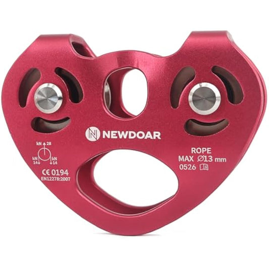 NewDoar CE Certified 28KN Tandem Double Speed Pulley Heart-Shaped Dual Pulley Zip Line Rescue Cable Trolley up to 13 mm Ropes for Climbing, Rescue,Hauling, Lifting