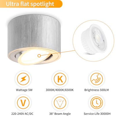 GeyouLux Dimmable LED Spotlight with Adjustable Projection, 5 W Ceiling Spotlights, Diameter 80 x 50 mm, 3000 K/4000 K/6500 K, 30 Rotation Bathroom