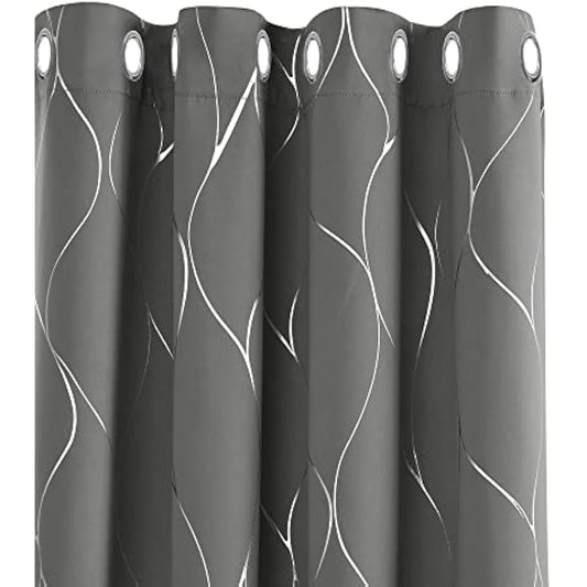 Deconovo Light grey Eyelet Curtains 66 x 54 Inch, Thermal Insulated Blackout Curtains, Silver Wave Line Foil Printed Curtains for Bedroom, 66 x 54 Inch(Width x Length), 2 panels