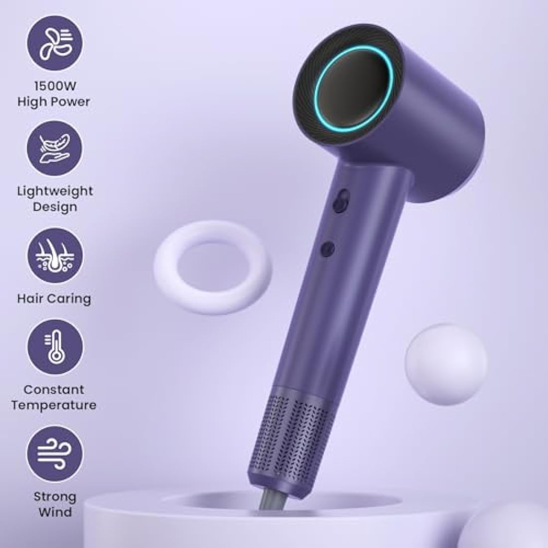 Hair Dryer - 110,000 RPM High Speed Brushless Motor Ionic Hairdryer, Portable Blow Dryer with 360° Rotating Magnetic Nozzle & LED Display, 59dB Low Noise Travel Hairdryers for Women and Men (PRUPLR16)