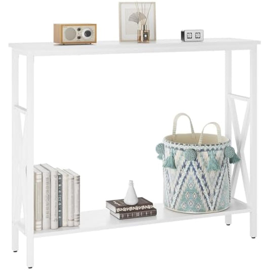 YMYNY Console Table, Industrial Entryway Table for Hallway, Narrow Sofa Table with Shelves, Metal Frame, Compact Display Table for Small Spaces, Living Room, 101×25×80.5CM White HST007W