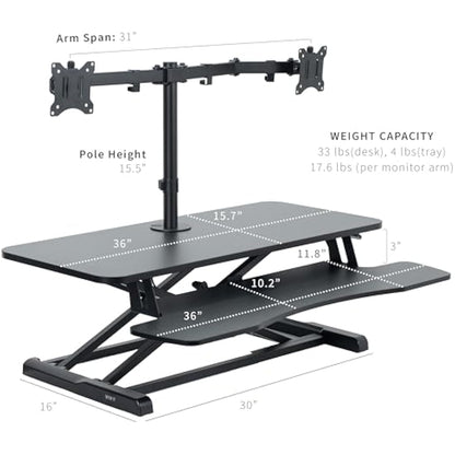 VIVO Height Adjustable 91cm Standing Desk Converter with Dual 13 to 30 inch Monitor Stand, Sit Stand Monitor Mount and Desk Riser, Black, DESK-V036K-M2