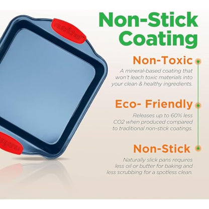 Kitchen Oven Baking Pans - Deluxe Nonstick Blue Coating Inside & Outside Carbon Steel Bakeware Set with Red Silicone Handles, Durable & Reliable Cookie Sheet Oven Pan Style