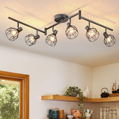 Dehobo Spot Light Fittings for Ceilings Adjustable Metal Wire Cage Kitchen Spotlight with E14 Base Black 6 Way Ceiling Light Industrial for Bedroom Bar Hallway Living Room No Bulb