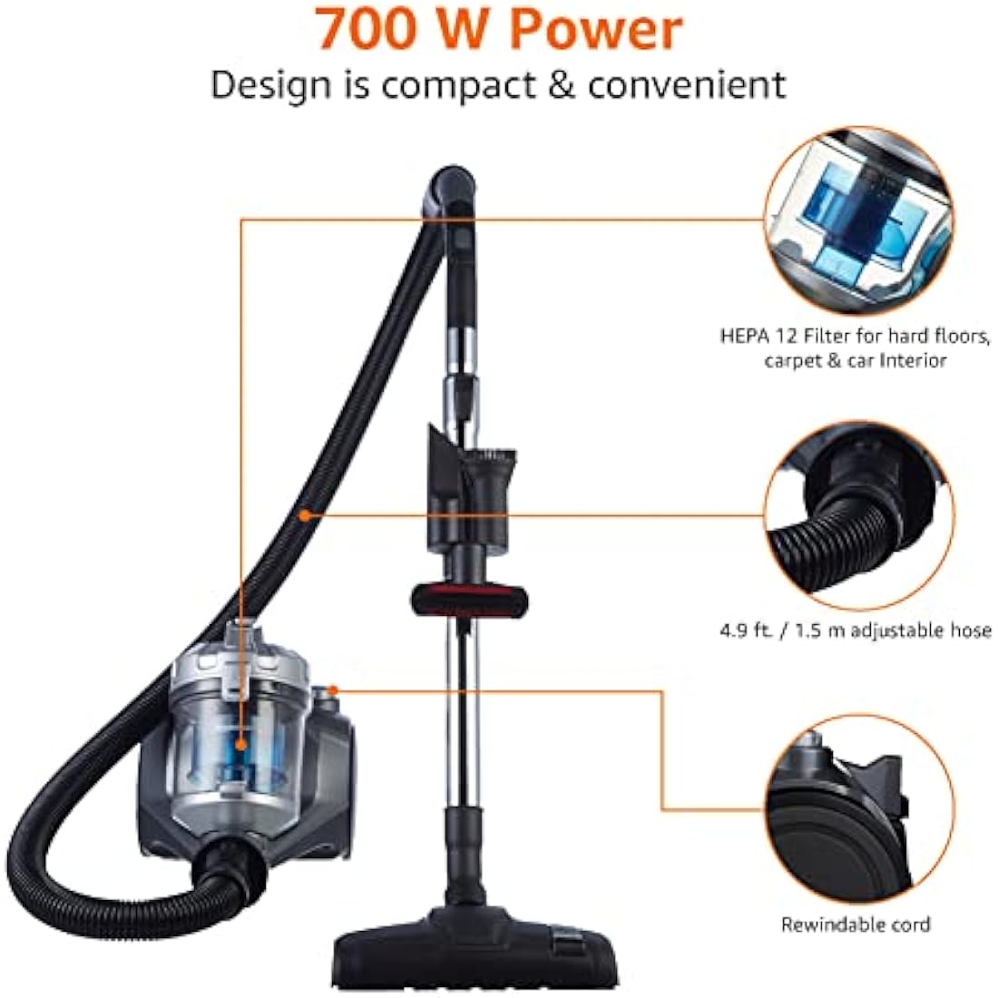Amazon Basics Cylinder Bagless Vacuum Cleaner with HEPA filter for Hardfloor, Carpet & Car, Compact & Lightweight, 700W, 1.5L, Black