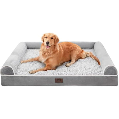 WESTERN HOME Dog Beds Large Washable, Soft Orthopedic Dog Beds with Removable Washable Cover, Extra Large Waterproof Pet Bed with U-Shape Bolster Grey, 127 x 91 x 19 cm