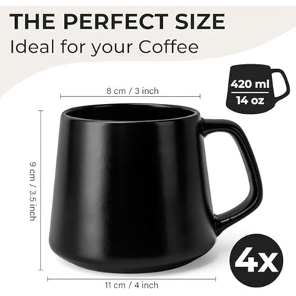 MIAMIO - Coffee Mugs Set of 4 / Large Ceramic Coffee Cups (420 ml) - Mug for Cappuccino, Tea, Espresso - Microwave and Dishwasher Safe - Luxe Collection (Black)
