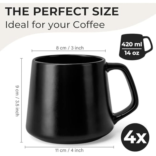 MIAMIO - Coffee Mugs Set of 4 / Large Ceramic Coffee Cups (420 ml) - Mug for Cappuccino, Tea, Espresso - Microwave and Dishwasher Safe - Luxe Collection (Black)