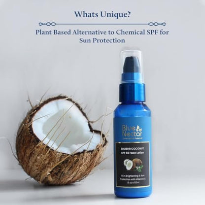 Blue Nectar Coconut Sunscreen SPF 50 Lotion | No White Cast, Plant Based Sunscreen with Vitamin C for Skin Brightening (18 Herbs, 50ml)