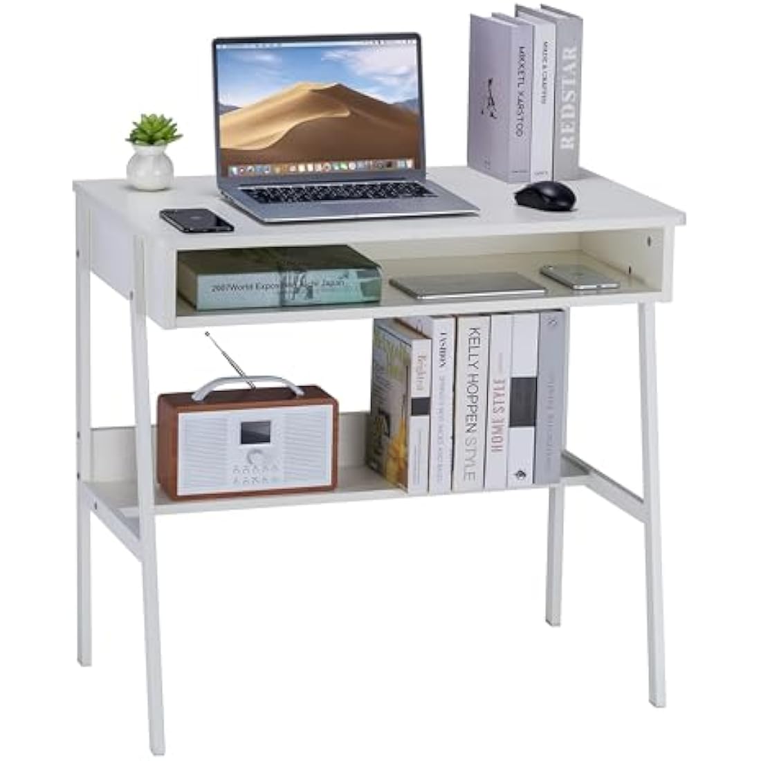 DEILALY Small Desk 80cm with Drawer Space and Under Storage Shelf Computer Wood Desk Metal Frame Writing Table Study Desk Work Station Gaming Desk Table Home Office Bedroom White