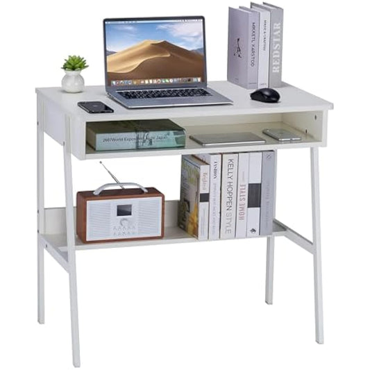 DEILALY Small Desk 80cm with Drawer Space and Under Storage Shelf Computer Wood Desk Metal Frame Writing Table Study Desk Work Station Gaming Desk Table Home Office Bedroom White