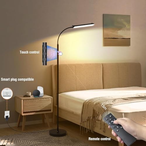 LED Uplighter Floor Lamp Adjust freely, 18W 1800LM Dimmable Floor Standing Lamp with Remote & Touch Control, 1min Installation, Standard Eye Caring Reading Lamps Living Room Modern for Bedroom (Black)