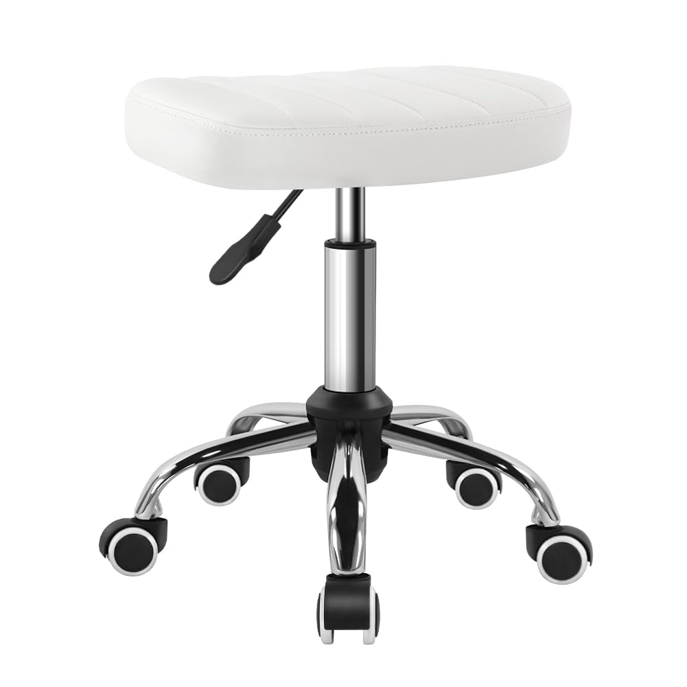 BFTOU Black Minimalist Square Swivel Stool on Wheels Perfect for Work SPA Shop Massage Height-Adjustable and Cost-Effective Rolling Stool Chair White