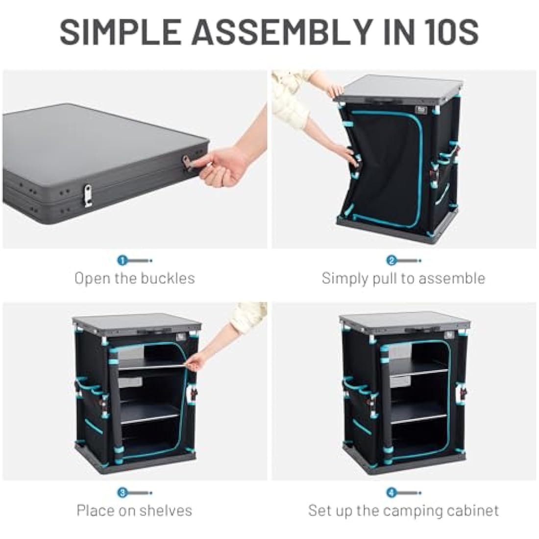 TIMBER RIDGE Compact Camping Storage, Pop Up Folding Camping Kitchen Unit, Camping Furniture Camping Cupboards Cabinet Outdoor 3 Shelf Aluminum Frame Portable for Garden Party Picnic, Supports 30kg