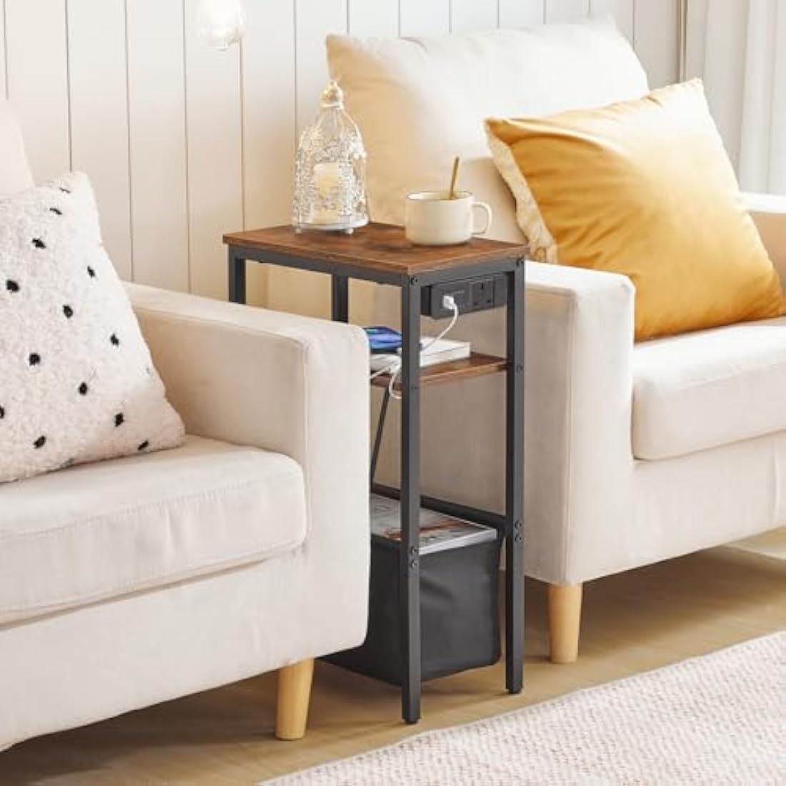 HOOBRO Narrow Side Table, Slim Side Table with Charging Station, USB Ports and Power Outlet, Bedside Table for Small Space, 40 x 20 x 60 cm, for Living Room, Rustic Brown and Black EBF125KBZ01