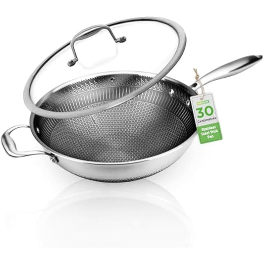 Nutrichef Nonstick Wok with Glass Lid – 30cm Hex Stainless Steel Stir Fry Cookware, Induction Compatible, Honeycomb Pattern, Scratch-Resistant, Deep Sauté Style, 12" Wok