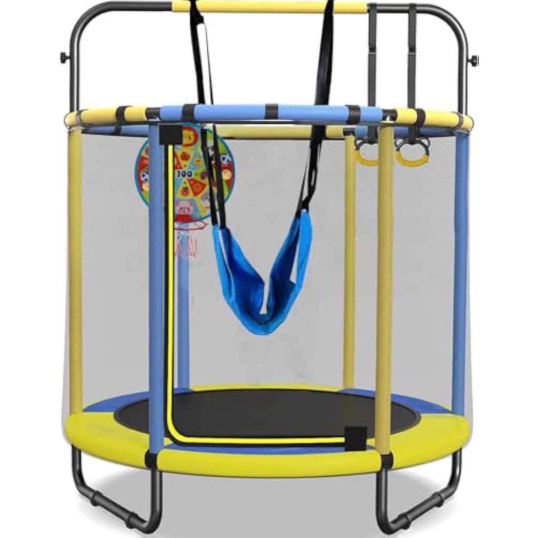 PILIN Children's Trampoline, Indoor/Outdoor Trampoline with Swings, Gymnastics Poles, Hoops, Basketball Hoop/Dart Board, 145x170 cm, Load Capacity 50kg