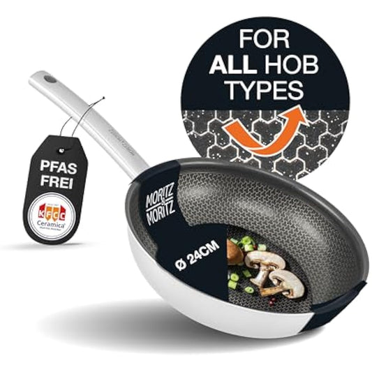 Moritz & Moritz Stainless Steel Pan Honeycomb Structure 24cm with The Latest Generation Ceramica Coating - Suitable for All Hob Types - Non-Stick Pan with Round Rim for Cooking, Frying and Braising